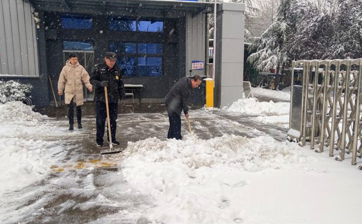 集團黨支部書記景奉全帶領應急小組，冒雪對公司門口路面進行清掃，保障員工出行安全。